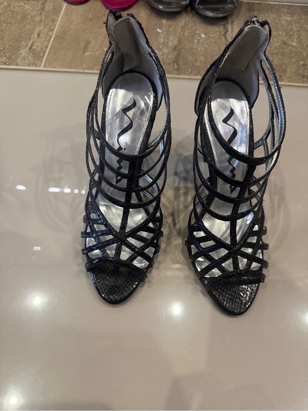 Nina Black Strappy Cage High Heel Sandals